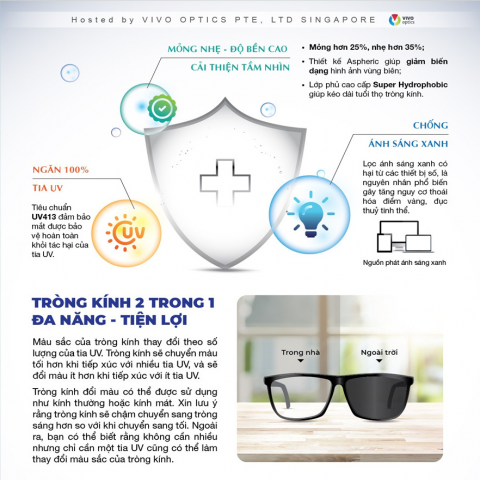TRÒNG KÍNH CERATO LENS 1.60 SUN ACTIVE BLUE PROTECT  VIVO SINGAPORE